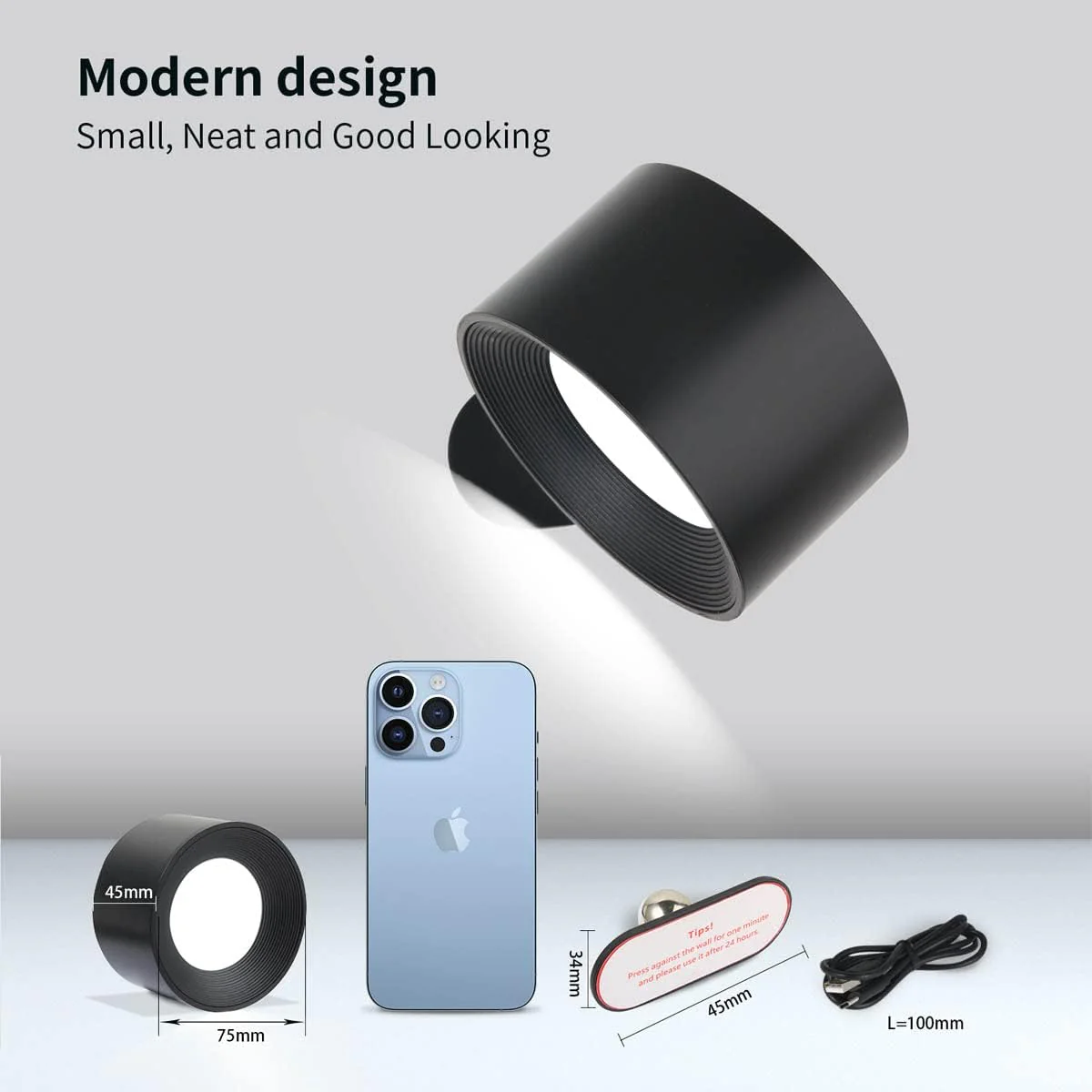 Lampada a LED Senza Fili Da Parete Con Ricarica USB-C E Supporto Magnetico Girevole a 360°, 3 Modalità Di Colore, Dimming a 3 Livelli (Colore Nero, Confezione Da 2) - immagine 3