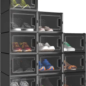Scatole per Scarpe, Pacco Da 12 Contenitori per Scarpe, Organizzatori Porta Scarpe Pieghevoli E Impilabili, Con Porta Trasparente E Fori Di Ventilazione, Fino a Taglia 44, Nero