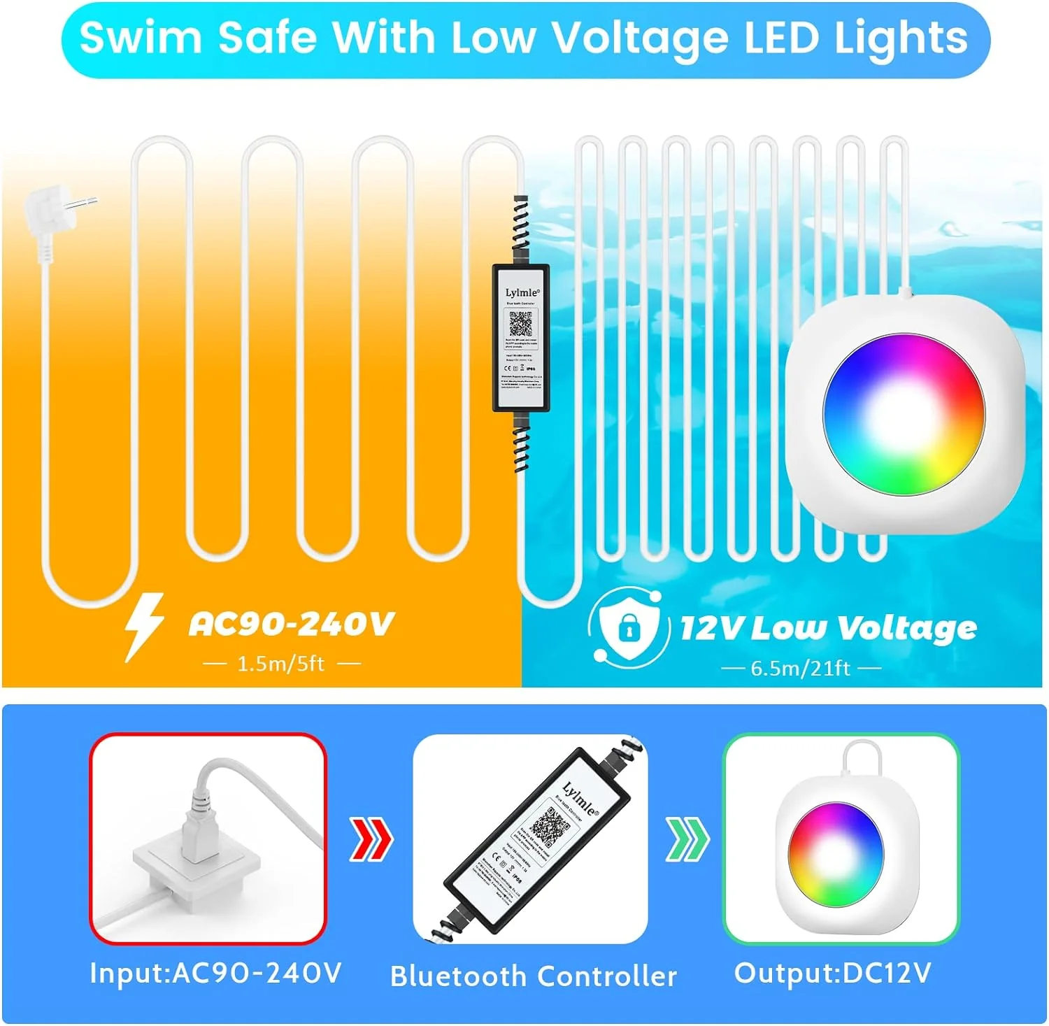 10 W - Illuminazione a LED Senza Fili, 12 V Luci per Piscina Sommergibile Con Controllo APP, Dimmerabile, IP68, Impermeabile, Lampada Magnetica Con 8 M Cavo per Piscina Fuori Terra - immagine 4