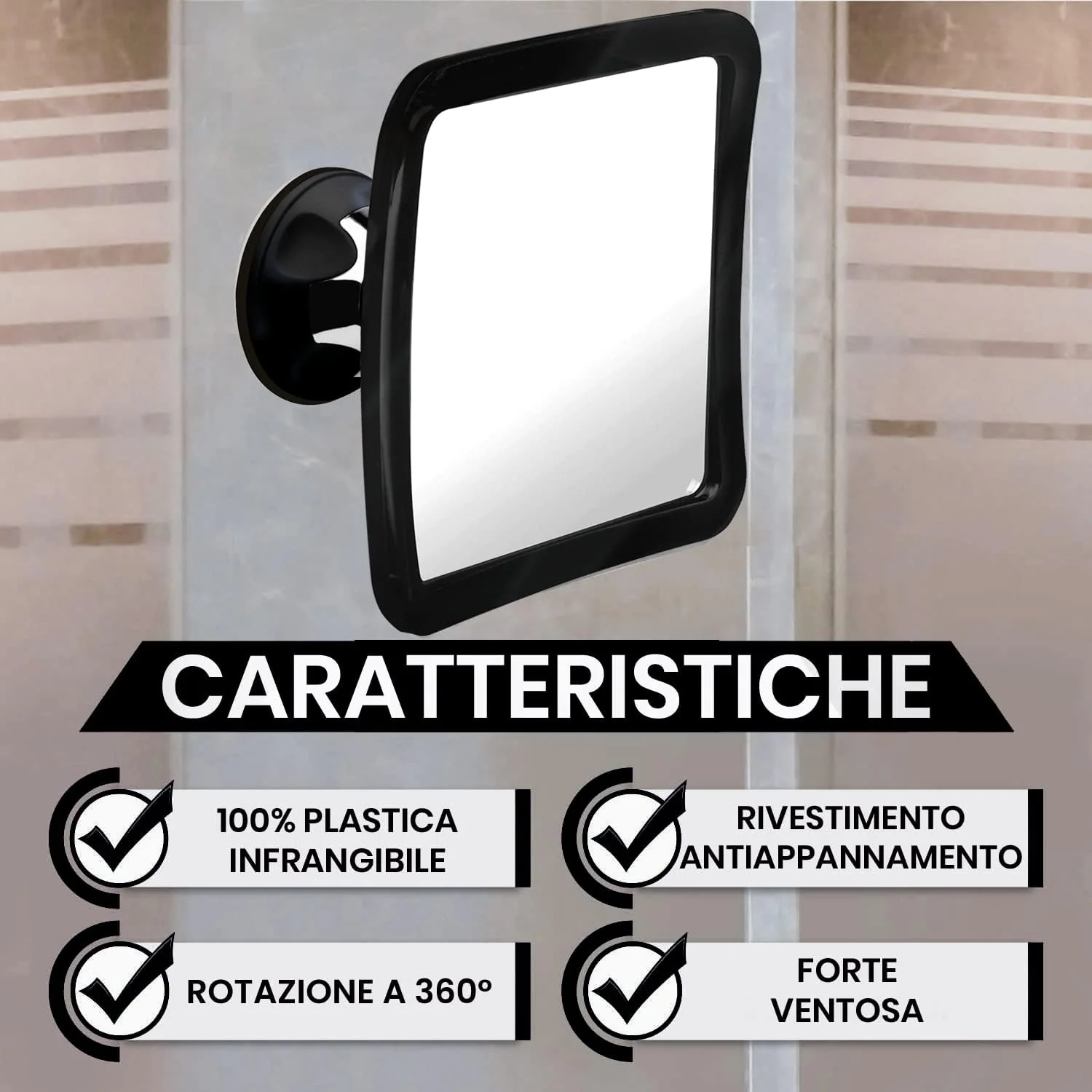 Specchio Da Doccia E Rasatura Senza Nebbia Con Supporto a Ventosa per Bagno - Superficie Infrangibile anti Appannamento E Girevole a 360°, 16Cm X 16Cm (Nero) - immagine 4